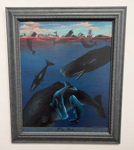 A painting of a pod of whales, with many clustered near the surface of the water in a pool of red.
