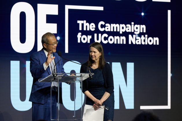 Dean Liang speaking with UConn Provost Anne D'Alleva on April 23 at the launch event for the 'Because of UConn' Campaign, the largest in University history. (Peter Morenus/UConn Photo)