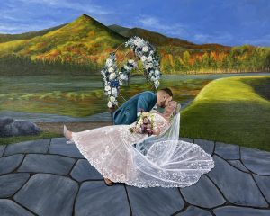 A bride and groom kiss.