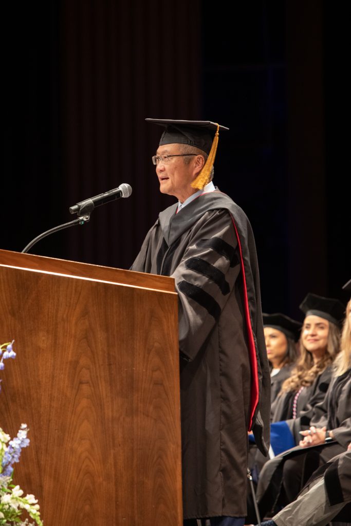Dr. Bruce T. Liang delivering his 2025 Commencement address to the graduating medical students in the Class of 2025. (Thomas Hurlbut Photography)
