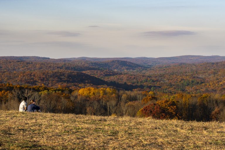 Two students on Horsebarn Hill during the golden hour