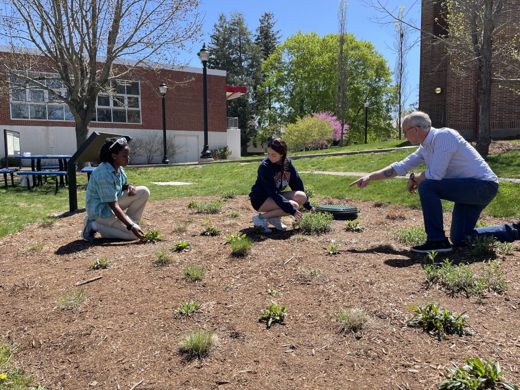 man and two female students planting a garden