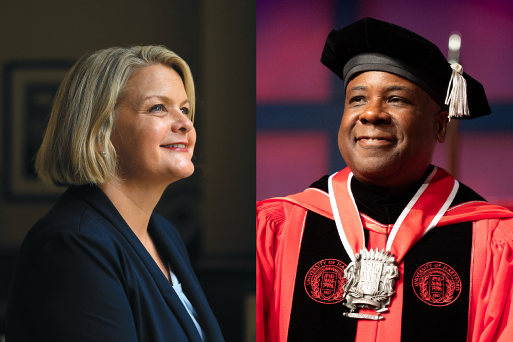 Portrait of Andrea Chapdelaine (left); and Lawrence Ward in commencement regalia (right)