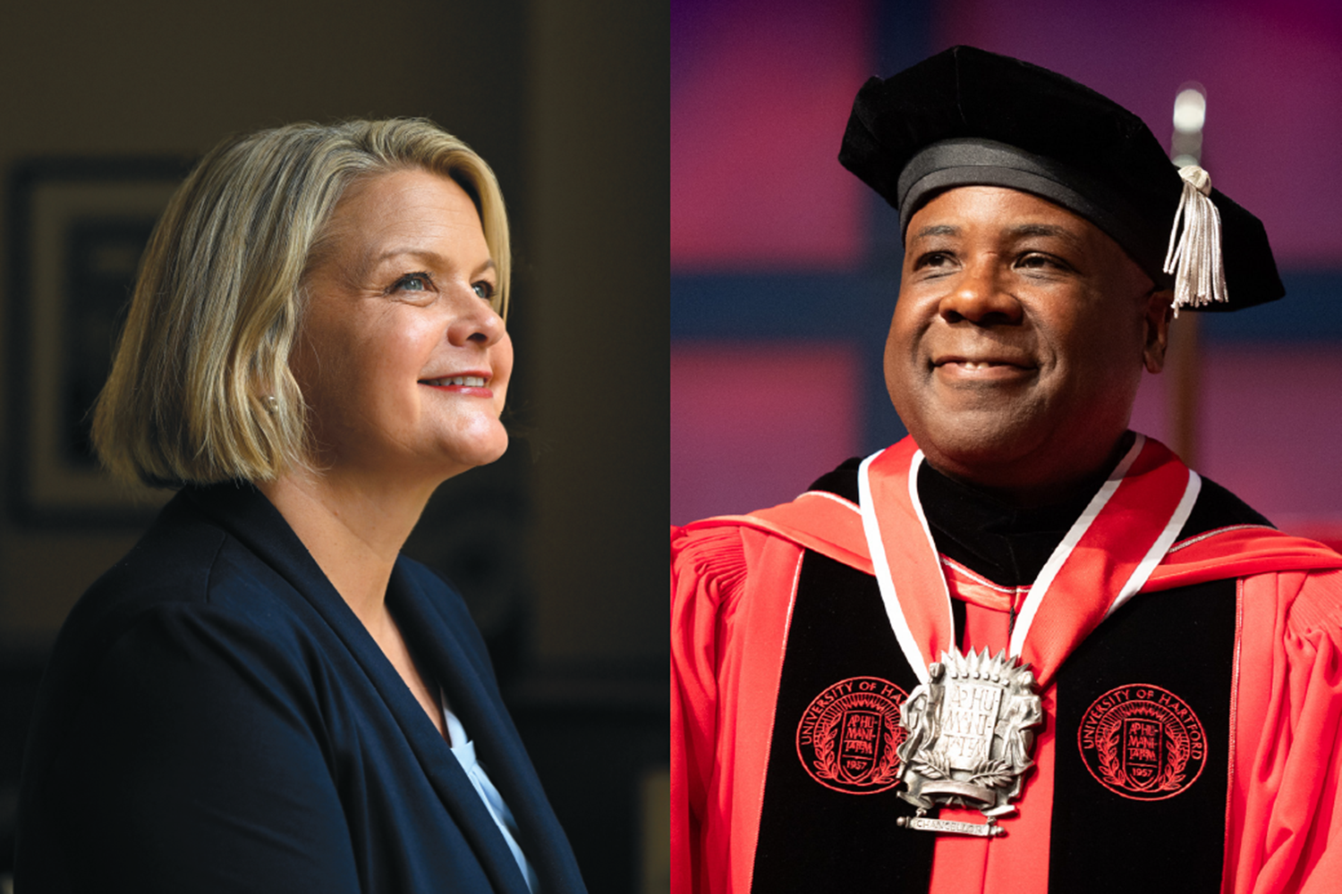 Portrait of Andrea Chapdelaine (left); and Lawrence Ward in commencement regalia (right)