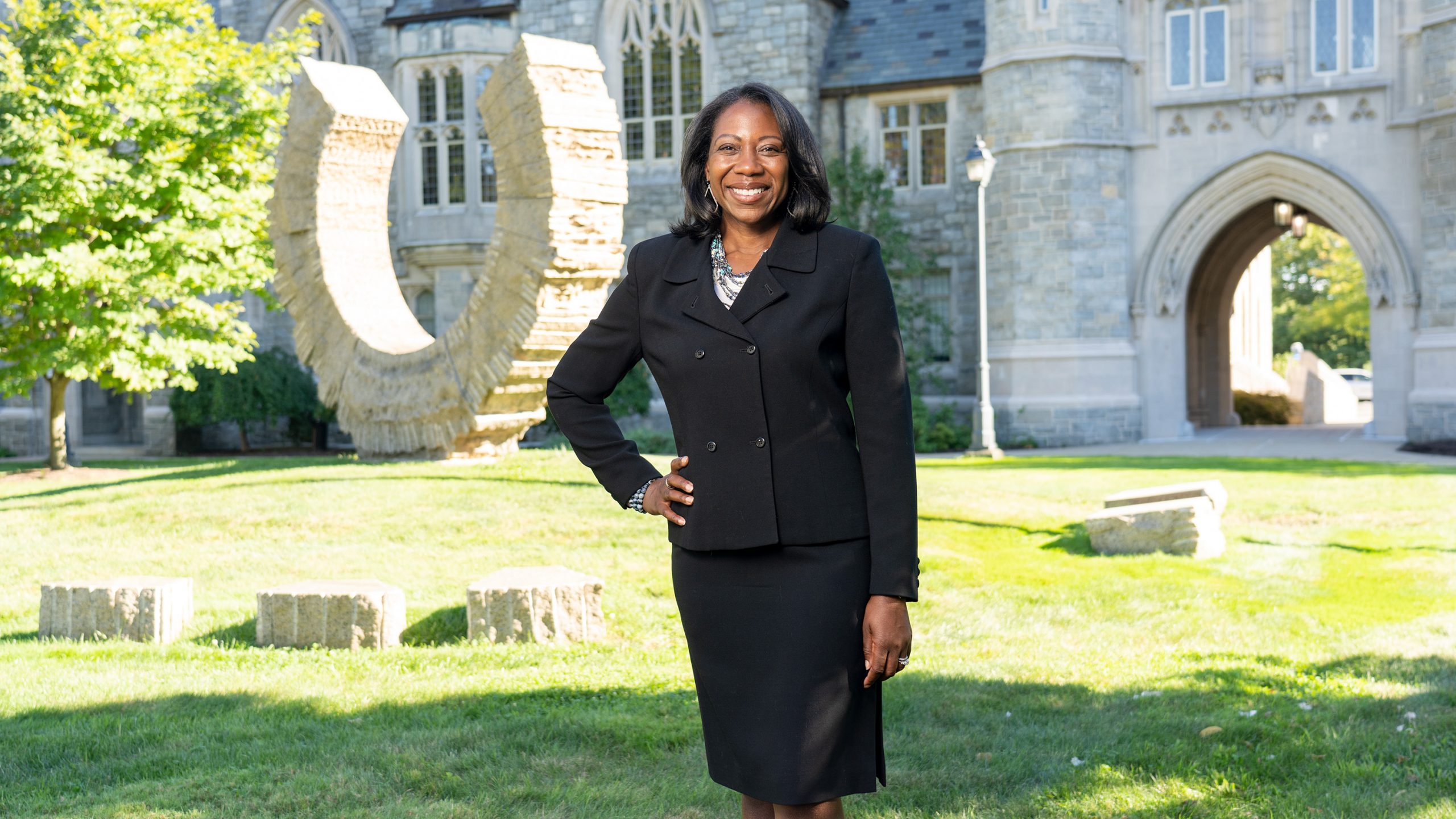 Dean Eboni S. Nelson stands on the UConn School of Law campus.