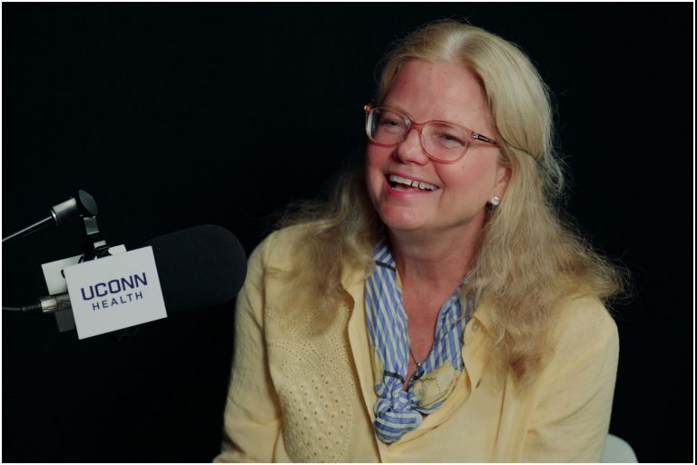 Linda York in podcast studio