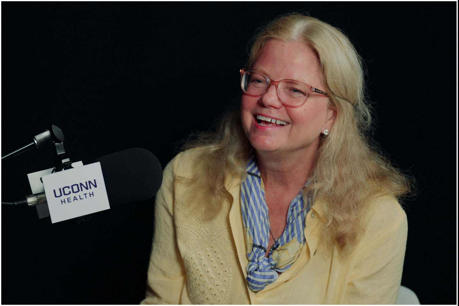 Linda York in podcast studio