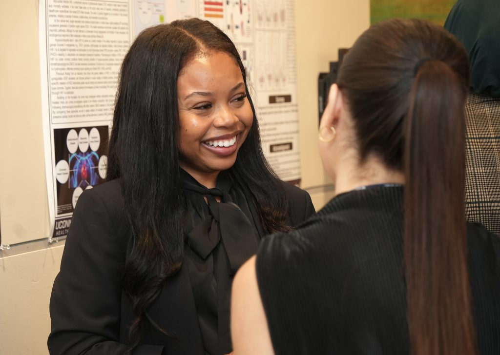 UConn SOM Class of 2029 student Bria Slater discussing her summer research (John Atashian Photo/UConn Health - July 17, 2025).