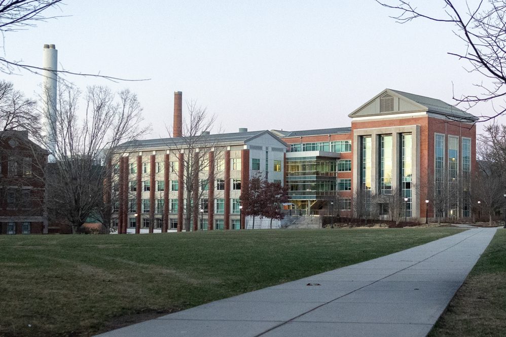 The Charles B. Gentry Building at UConn Storrs, as seen from the Student Union lawn.