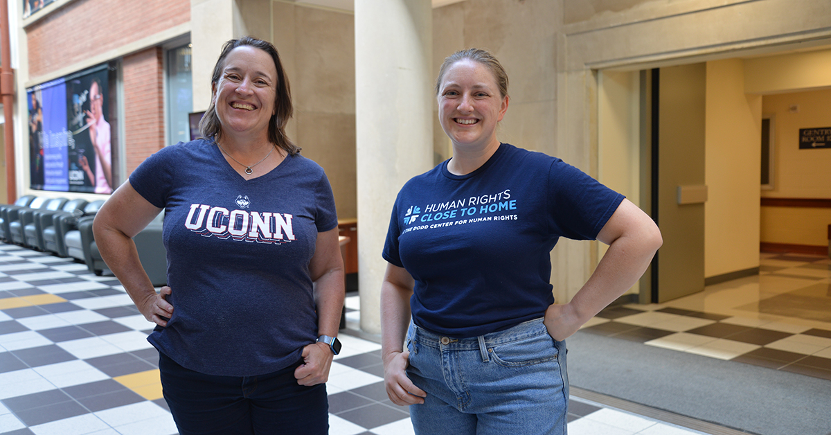 Michele Back, pictured on the left, and Amber Dickey stand in the Gentry Lobby.