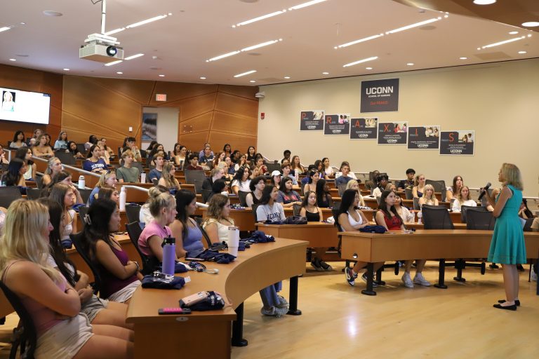 UConn School of Nursing, class of 2029, listening to Dean Victoria Vaughan Dickson at the Weekend of Welcome on August 23.