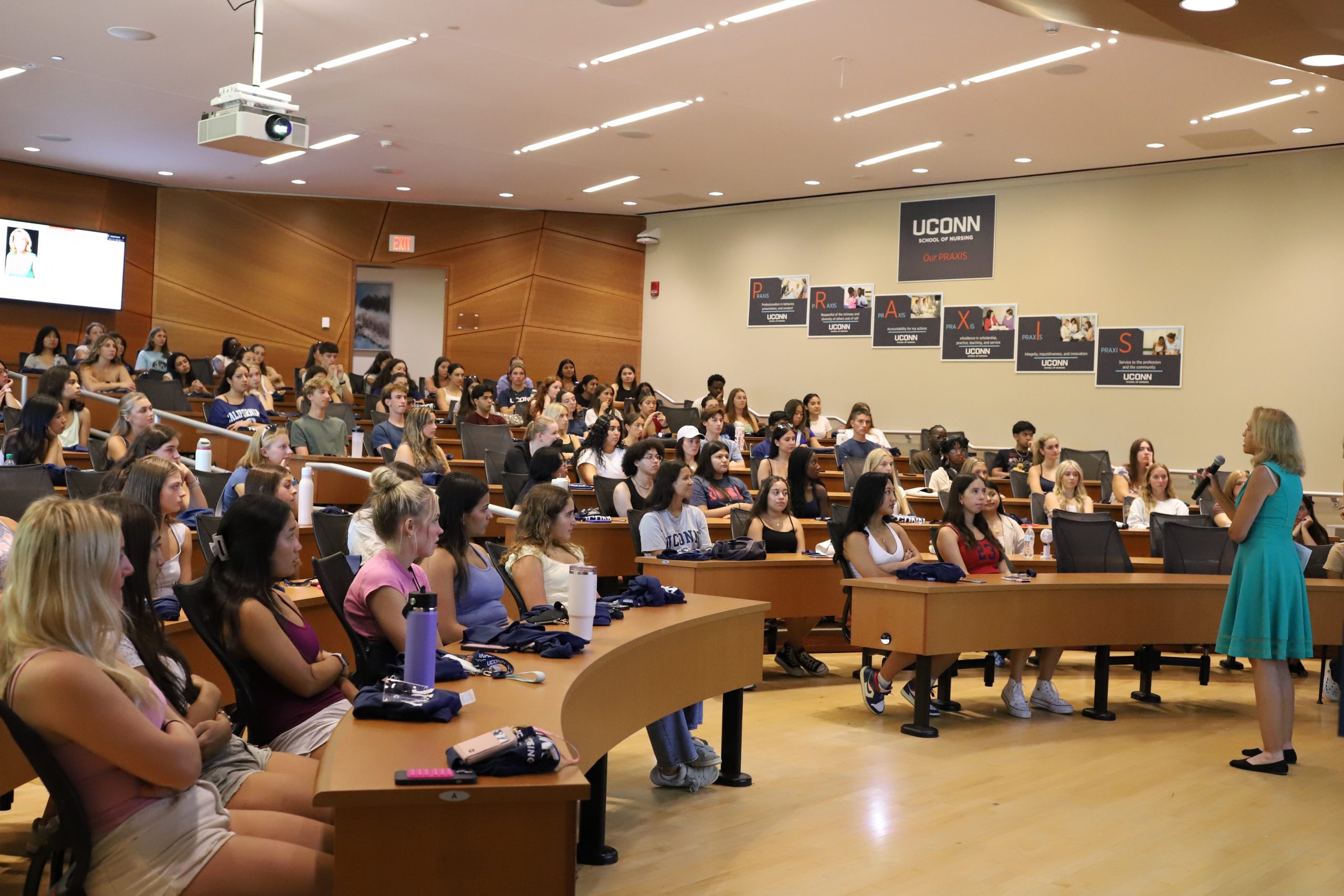 UConn School of Nursing, class of 2029, listening to Dean Victoria Vaughan Dickson at the Weekend of Welcome on August 23.