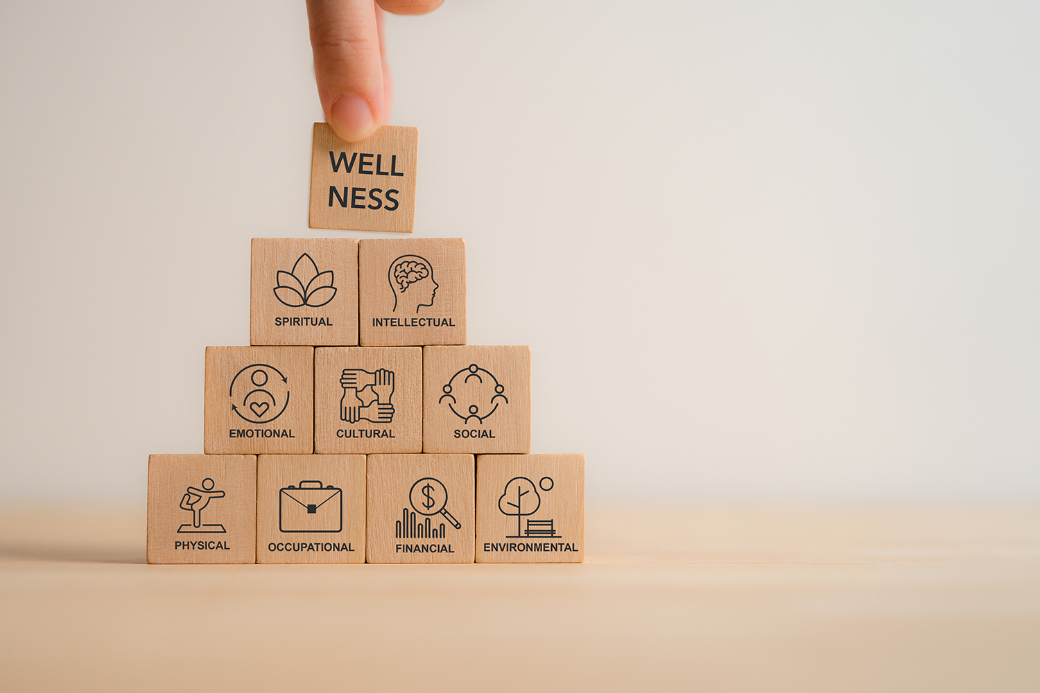Wellness Concept. Wooden blocks with the eight dimensions; emotional, spiritual, intellectual, social, environmental, physical, occupational, financial. A holistic approach to health and wellbeing.