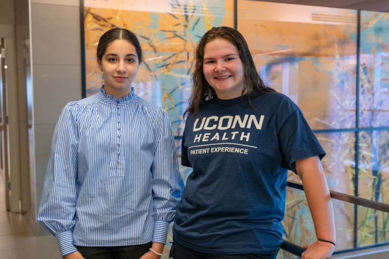 Students Noor Hassan and Sarah Gerard stand together for photo