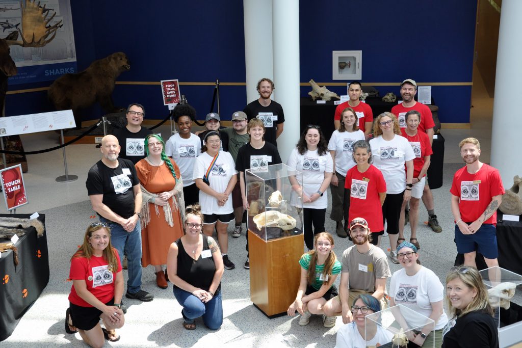 A group photo with dozens of volunteers wearing Connecticut State Museum of Natural History T-shirts.