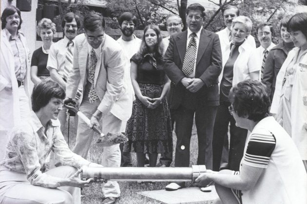 file photo of the placement of the UConn Health Center time capsule in the 1970s