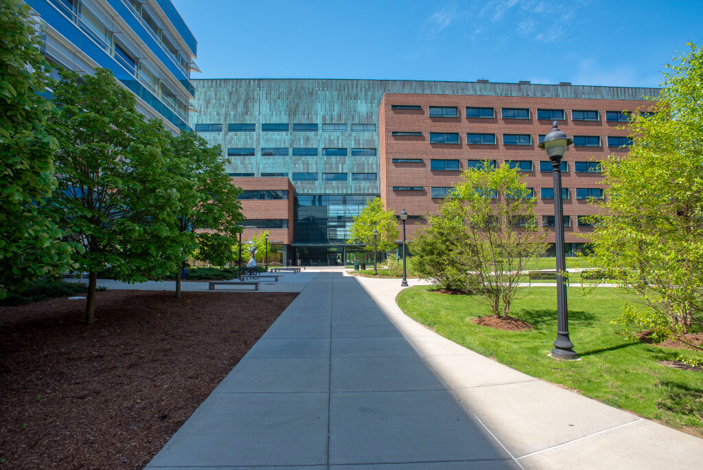 Exterior views of the Pharmacy/Biology Building on May 14, 2024. (Sean Flynn/UConn Photo)