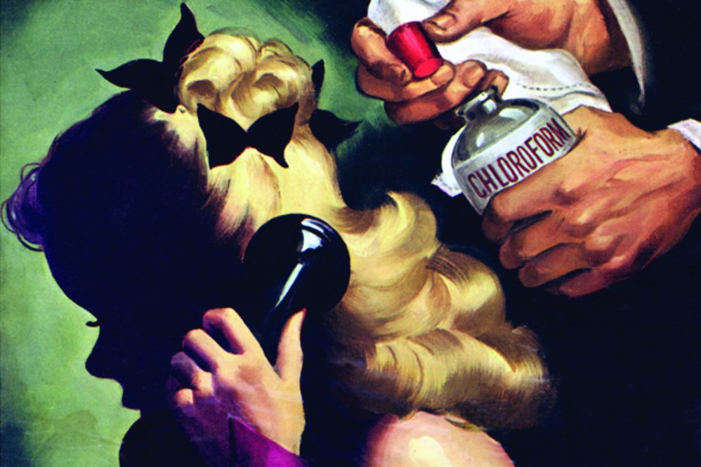 Close-up detail of a vintage painting showing a woman talking on the phone as someone raises a bottle of Chloroform behind her