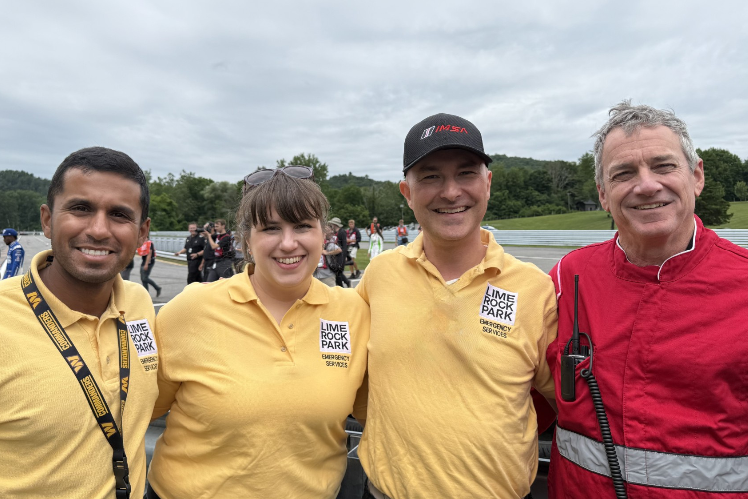 UConn Health Emergency Medicine Team Dr. Ven Subramanyam, Dr. Lindsay Adelson, Dr. Shawn London, Dr. Robert Fuller at the track at Lime Rock Park