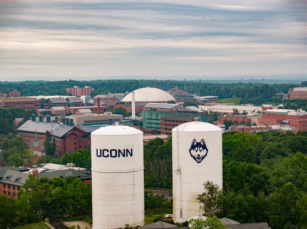 An aerial view of campus over the water towers (UConn Photo)