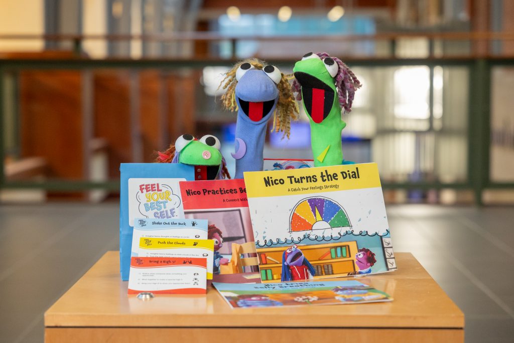Colorful sock puppets and educational picture books