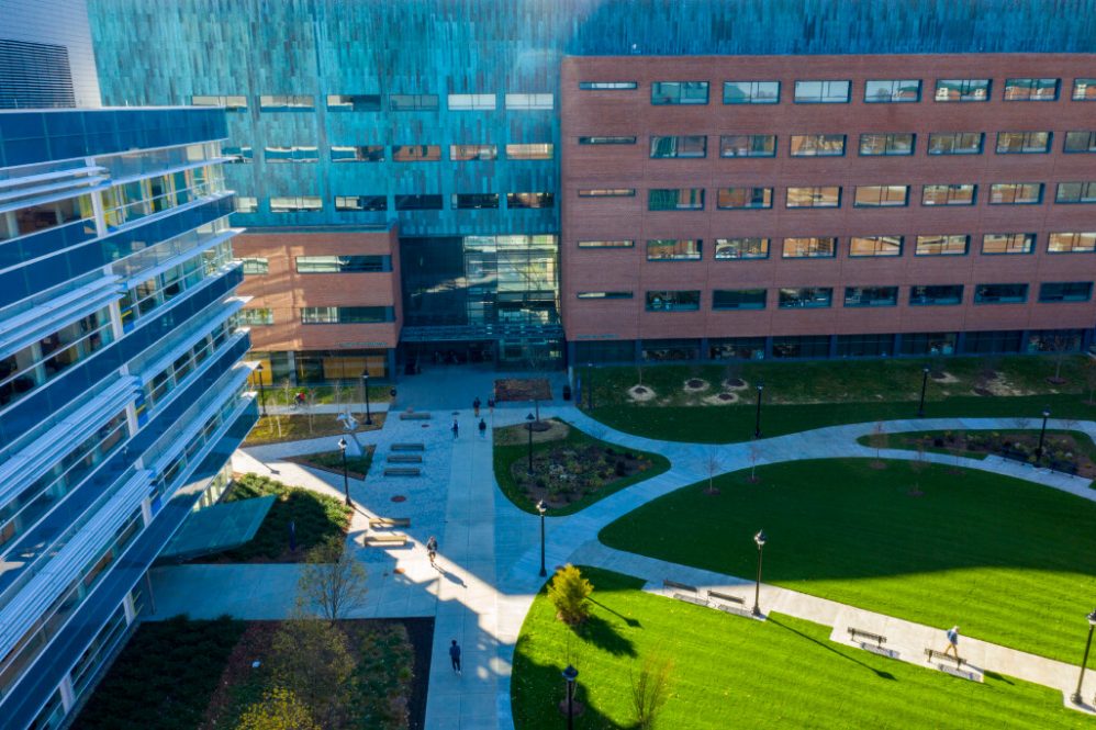 Aerial views of the School of Pharmacy, courtyard (UConn Photo)
