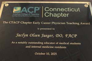 ACP CT Chapter plaque: Early Career Physician Teaching Award presented to Jaclyn Olsen Jaeger