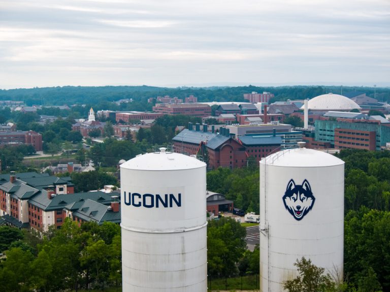 An aerial view of campus over the water towers on Aug. 9, 2021. (Peter Morenus/UConn Photo)