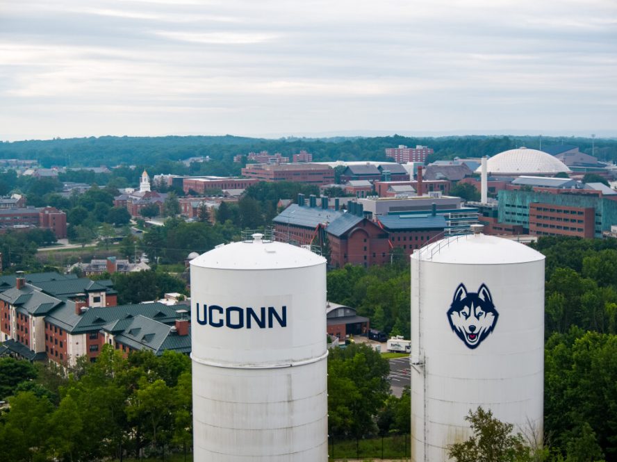An aerial view of campus over the water towers on Aug. 9, 2021. (Peter Morenus/UConn Photo)