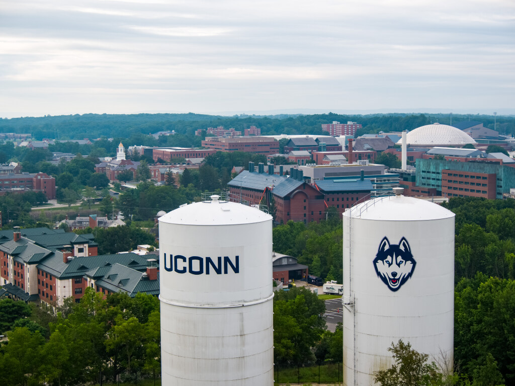 An aerial view of campus over the water towers on Aug. 9, 2021. (Peter Morenus/UConn Photo)