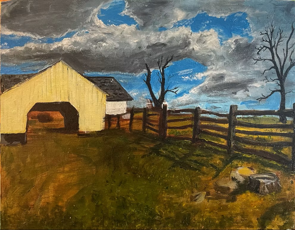 A creepy scene featuring a yellow barn, wooden fence, bare trees, and mostly cloudy sky.