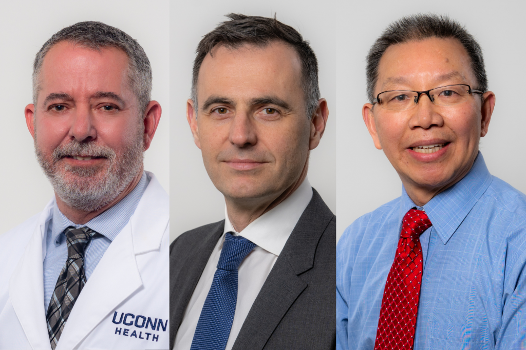 Image collage of UConn School of Medicine faculty: Dr. S. Brett Sloan, Dr. Michael Weber, and Dr. Guangfu Li.