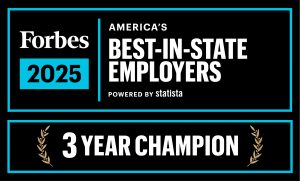 Award Badge from Forbes for 2025 saying 3 year champion as best in state employer