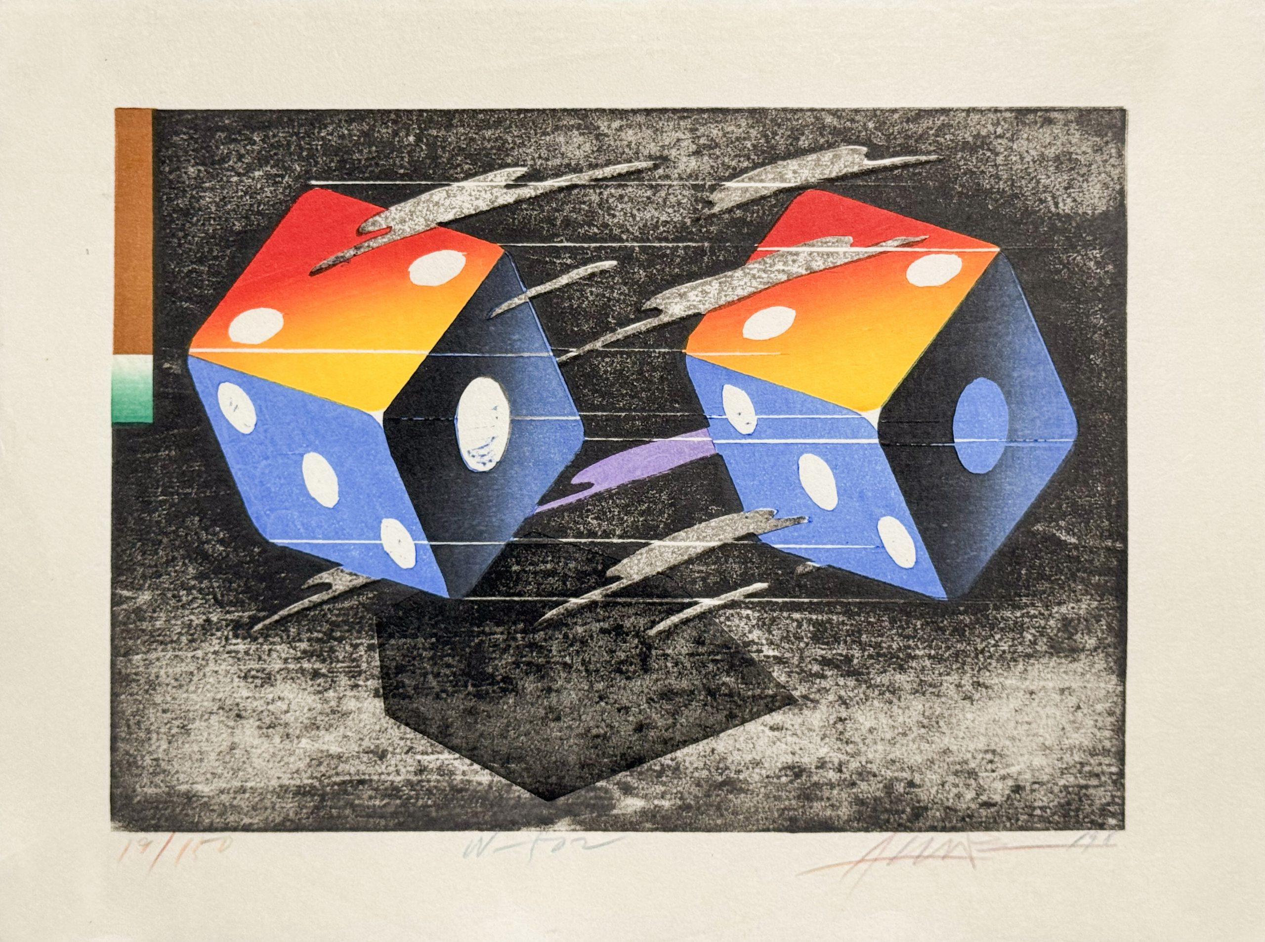 A pair of multicolored dice on a gray background.