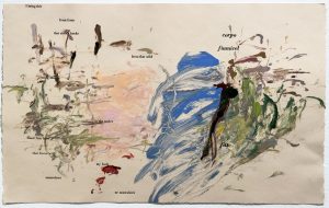 A contemporary painting featuring abstract markings with words of poetry interspersed.