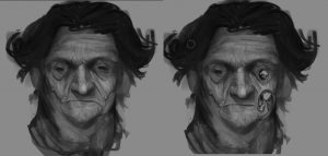 A black-and-white image of twin faces, but the one on the right has a broken eye and cheek.