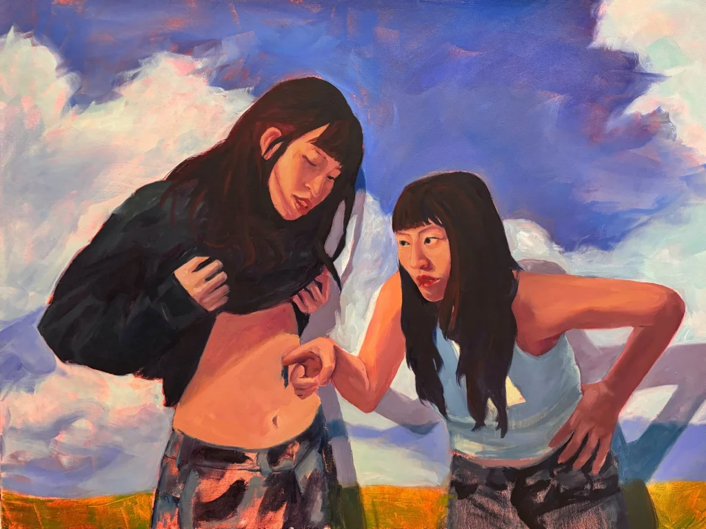 A painting showing two young women in front of a blue sky with clouds. One of the women is reaching into a portal opening in the stomach of the other