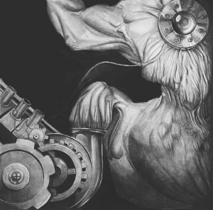 A black-and-white abstract drawing of something with gears and flesh.