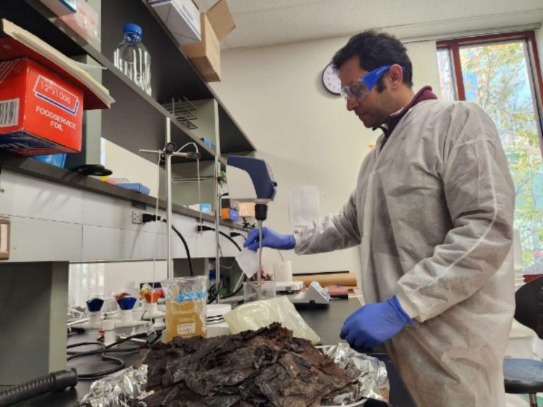 A scientist in a white lab coat working.