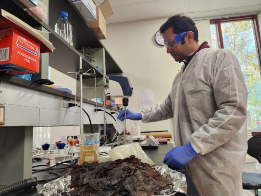 A scientist in a white lab coat working.