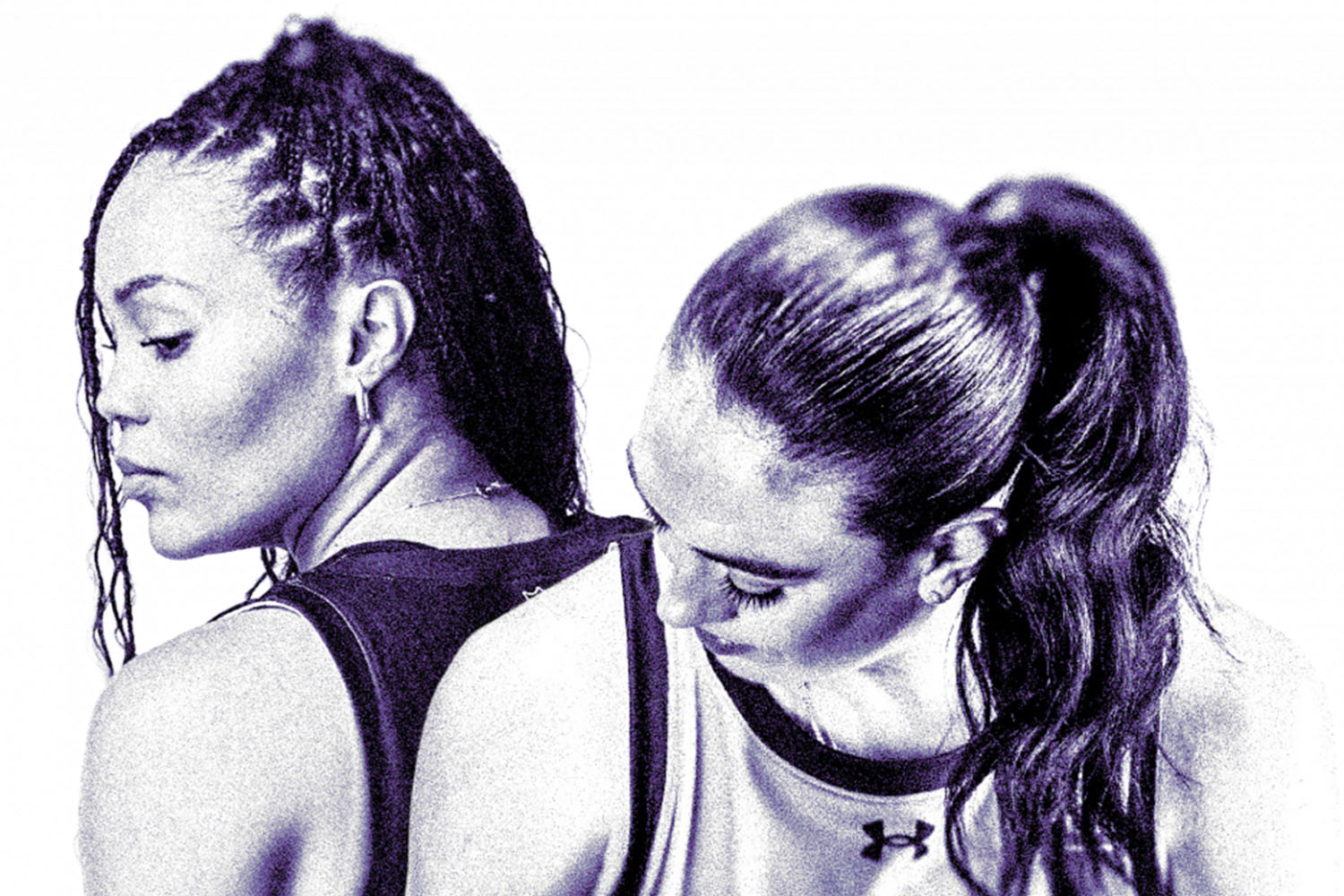 Photo composite where Napheesa Collier wears a basketball jersey and looks over her shoulder to the side, her back to the camera at Brianna Stewart