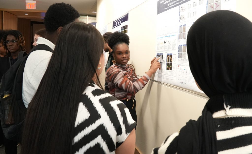 Students learning about poster research.