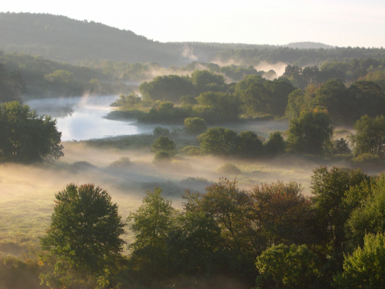 A tree-lined river at sunrise with mist and hills in the background.
