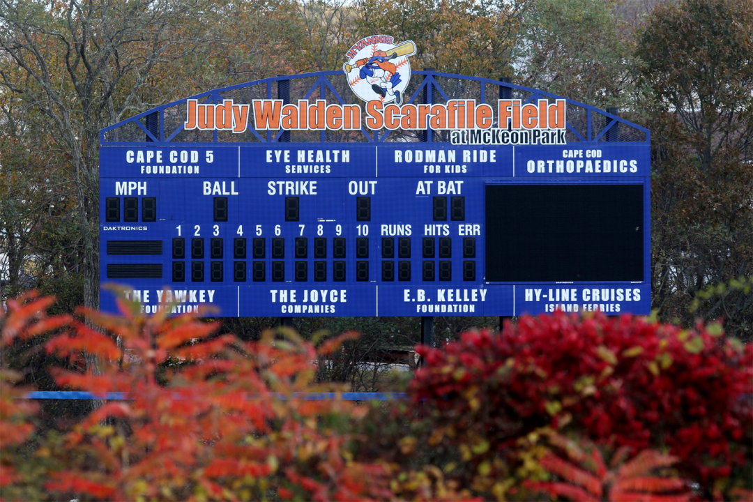 A blue scoreboard with Judy Walden Scarafile Field written at the top in orange lettering