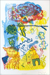 An abstract artwork that's predominantly blue, red, and yellow and features images of a cat, cloud, and people.