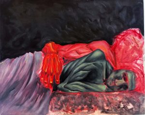 A painting of a person in bed with a red apparition snuggling them from behind.
