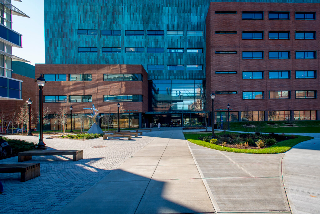 Students walking outside the School of Pharmacy on November 21, 2019. (Sean Flynn/UConn Photo)
