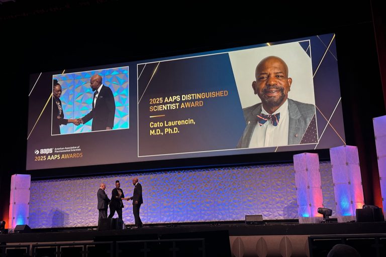 Laurencin on stage for the 2025 Distinguished Pharmaceutical Scientist Award by the American Association of Pharmaceutical Scientists (AAPS)
