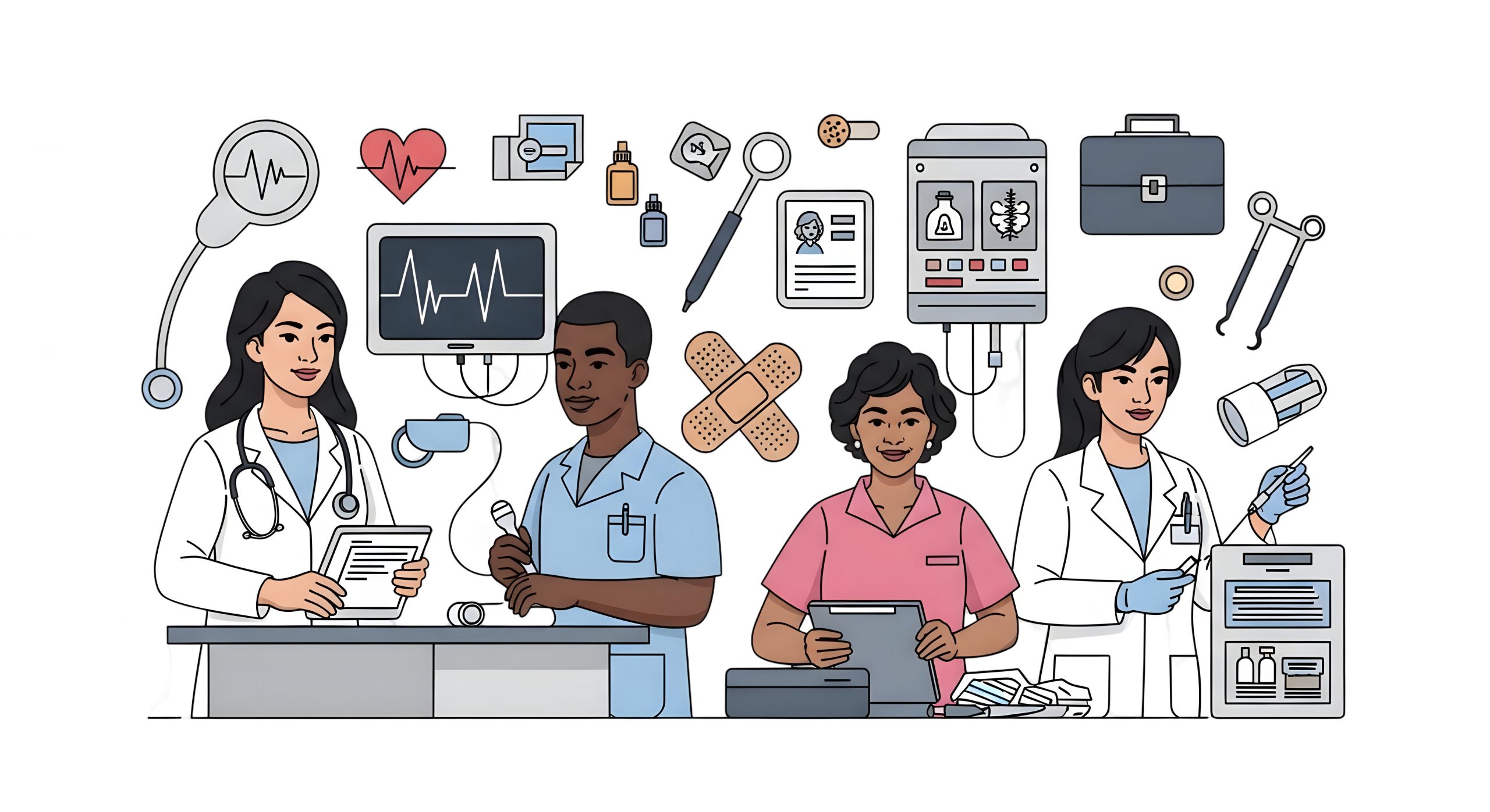 Adobe Stock Image graphic cartoon showing professionals working together in medicine.