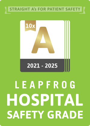 Leapfrog Straight A's for Patient Safety 10x badge 2021-2025